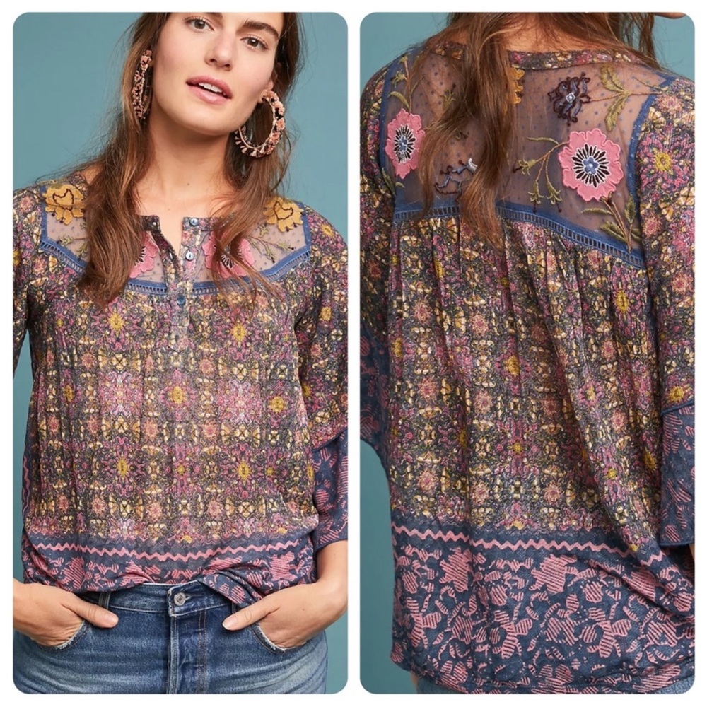 Anthropologie Postmark Ciutadella Boho Floral Embroidered Top
